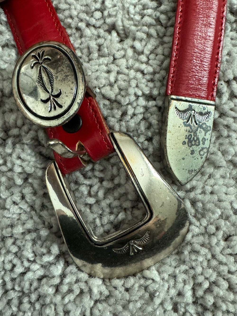 1993 Justin Top Grain Leather Cowhide Red Belt Silver Buckle 37”
